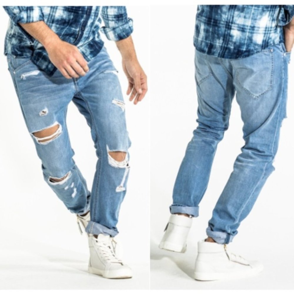 CR7 Cristiano Ronaldo~Type T Tapered Distressed Heavy Rip Button Fly Jeans ~34W